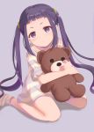  1girl absurdres bangs blunt_bangs commentary file112056 highres looking_at_viewer oogaki_chiaki purple_eyes purple_hair simple_background sitting solo stuffed_animal stuffed_toy teddy_bear twintails wariza younger yurucamp 