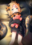  1girl abigail_williams_(fate/grand_order) absurdres bangs bed_sheet black_bow black_jacket blonde_hair blue_eyes blush bow commentary_request covered_mouth crossed_bandaids dexp eyebrows_visible_through_hair fate/grand_order fate_(series) feet_out_of_frame hair_bow hair_bun heroic_spirit_traveling_outfit highres jacket long_hair long_sleeves looking_at_viewer lying object_hug on_back orange_bow painttool_sai_(medium) parted_bangs pillow sleeves_past_fingers sleeves_past_wrists solo stuffed_animal stuffed_toy teddy_bear tentacles 