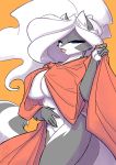  anthro big_breasts blue_eyes breasts chloe_sinclaire cloak clothing conditional_dnp female fur grey_body grey_fur hair jollyjack mammal mephitid multicolored_body multicolored_fur orange_background simple_background skunk solo white_body white_fur white_hair 