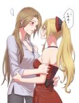  2girls bangs bare_shoulders blonde_hair blush breasts brown_hair cleavage dress earrings granblue_fantasy grey_pants grey_shirt hair_ribbon high_ponytail holding_another jewelry katalina_aryze large_breasts long_hair long_sleeves looking_at_another miso-ha_(ukyuu) multiple_girls necklace pants red_dress red_eyes ribbon shirt sidelocks standing strapless strapless_dress sweat translation_request vira_lilie yuri 