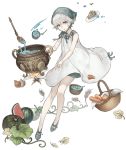  1girl basket bonnet cake carrot child cooking dress eyebrows_visible_through_hair food fruit full_body green_eyes ji_no ladle looking_at_viewer melon nier nier_(series) official_art onion pot sinoalice solo soup soup_ladle spoon transparent_background watermelon wheat white_dress white_hair yonah 
