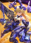  1girl alice_gear_aegis animal_ears bare_shoulders blonde_hair blue_eyes breasts buckle bunny_ears bunny_girl bunnysuit cleavage gun highres holding holding_gun holding_weapon mecha_musume necktie pinakes space virginia_glynnberets weapon 