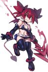  1girl anklet bare_shoulders belt black_bra black_gloves black_legwear bra choker demon_girl demon_tail disgaea earrings elbow_gloves etna flat_chest full_body gloves highres holding holding_spear holding_weapon jewelry makai_senki_disgaea microskirt mini_wings polearm red_eyes red_hair red_tail skirt skull_earrings smile solo spear strapless strapless_bra studded_anklet studded_bracelet tail thighhighs twintails underwear weapon white_belt zako_(arvinry) zettai_ryouiki 