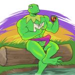 1:1 2019 abs amphibian anthro balls beverage big_muscles book bulge clothed clothing erection erection_under_clothing frog genitals grass green_balls green_body green_penis green_skin holding_book holding_object kermit_the_frog log male muppets muscular muscular_male pecs penis sitting solo speedo swimwear tea teabag tenting the_purple_wolf_guy topless underwear vein veiny_penis water wood 