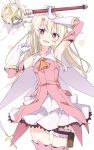  1girl arm_up blonde_hair blush eyebrows_visible_through_hair fate/kaleid_liner_prisma_illya fate_(series) feathers gloves hand_up illyasviel_von_einzbern ixy leg_garter long_hair magical_girl magical_ruby open_mouth pink_eyes prisma_illya red_eyes simple_background skirt smile solo star_(symbol) thighhighs white_background white_gloves white_skirt 