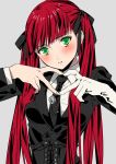  1girl arcana_famiglia bangs black_neckwear black_suit blunt_bangs blush breasts collared_shirt corset dress_shirt felicita gloves green_eyes grey_background hair_ribbon head_tilt heart heart_hands long_hair long_sleeves looking_at_viewer medium_breasts necktie parted_lips red_hair ribbon sarachi_yomi shirt simple_background single_glove solo straight_hair twintails upper_body white_gloves white_shirt 