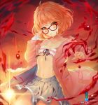  1girl bangs bare_shoulders blood blush bob_cut bra breasts brown_eyes brown_hair cardigan collarbone deviantart_logo deviantart_username eyebrows_visible_through_hair glasses grey_skirt hemokinesis highres hitokiri_battousai instagram_logo instagram_username kuriyama_mirai kyoukai_no_kanata looking_at_viewer navel off-shoulder_jacket pink_bra pixiv_logo pixiv_username pleated_skirt red-framed_eyewear short_hair skirt small_breasts solo striped striped_bra sunset two-tone_bra underwear v-shaped_eyebrows white_bra 