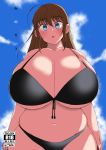  1girl ahoge bangs bikini black_bikini blue_eyes breasts brown_hair cloud cover cover_page curvy doujin_cover earrings eyebrows_visible_through_hair fat huge_breasts jewelry komusou_(jinrikisha) looking_at_viewer navel ooba_minori original parted_lips plump sidelocks sky solo stud_earrings swimsuit thick_thighs thighs 