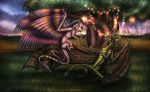  detailed_background dragon duo feathered_wings feathers female feral field fur garland grass jumping male male/female playful romantic_ambiance romantic_couple scales shadarrius sky sunset wings 
