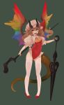  1girl absurdres alternate_costume ascot black_horns brown_hair commentary_request fangs flandre_scarlet frills full_body hakuto_hotaru hat high_heels highres holding holding_weapon horns laevatein leotard long_hair looking_at_viewer mob_cap multicolored nail_polish one_side_up pink_headwear planted_weapon puffy_short_sleeves puffy_sleeves red_eyes red_footwear red_ribbon ribbon short_sleeves simple_background solo staff standing thighhighs tongue tongue_out touhou weapon white_legwear wings 