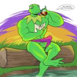  1:1 2019 abs amphibian anthro balls beverage big_muscles book bulge clothed clothing dialogue drinking english_text erection erection_under_clothing frog genitals gesture grass green_balls green_body green_penis green_skin holding_book holding_object kermit_the_frog log male muppets muscular muscular_male pecs penis pinky_out sitting solo speedo swimwear tea teabag tenting text the_purple_wolf_guy topless underwear vein veiny_penis water wood 