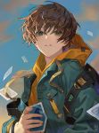  1boy absurdres backpack bag bangs blue_jacket bracelet brown_hair chyoel clock cloud digital_clock eyebrows_visible_through_hair green_eyes hair_between_eyes highres holding hood hoodie jacket jewelry male_focus original photo_(object) sky yellow_hoodie 