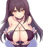  1girl alternate_costume asamura_hiori azur_lane bangs bare_shoulders black_hair black_legwear blush breasts cleavage closed_mouth collarbone commentary_request earrings eyebrows_visible_through_hair from_above garter_straps hair_between_eyes huge_breasts jewelry long_hair looking_at_viewer navel navel_cutout race_queen shiny shiny_skin simple_background smile solo standing thighhighs very_long_hair white_background wrist_cuffs yellow_eyes zuikaku_(azur_lane) zuikaku_(the_wind&#039;s_true_name)_(azur_lane) 