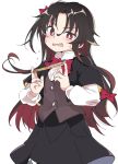  1girl black_hair black_skirt bow fan fang hair_between_eyes hair_bow ixy long_hair long_sleeves multicolored_hair open_mouth red_bow red_eyes red_hair ryuuou_no_oshigoto! simple_background skirt solo two-tone_hair wavy_mouth white_background yashajin_ai 