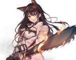  1girl animal_ears arknights black_hair blaze_(arknights) blue_eyes breasts cat_ears chainsaw chinese_commentary cleavage commentary commentary_request eyebrows_visible_through_hair flaming_weapon grin hair_between_eyes hairband holding_chainsaw jacket kuiqiu_kq lips long_hair looking_at_viewer medium_breasts partial_commentary shirt simple_background smile solo upper_body white_background white_jacket white_shirt 