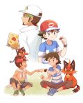  2boys baseball_cap black_hair blue_footwear book brown_eyes brown_hair brown_pants eye_contact fist_bump gen_7_pokemon green_footwear grin hat highres holding holding_book indian_style kukui_(pokemon) litten looking_at_another mei_(maysroom) multiple_boys multiple_views on_head open_mouth pants pokemon pokemon_(anime) pokemon_(creature) pokemon_on_head pokemon_sm125 pokemon_sm_(anime) satoshi_(pokemon) shirt sitting smile spiked_hair striped striped_shirt tagme tied_shirt torracat upper_body younger z-ring 