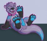  anthro claws collar complex_markings lutrine male mammal membrane_(anatomy) mustelid pawpads plushie plushification raised_paw ritt_(character) simple_background smiling_at_viewer solo stitch_(sewing) synx_ryugami waving_at_viewer 