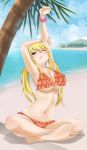  1girl absurdres armpits arms_up artist_name beach bikini blonde_hair blush breasts brown_eyes cleavage collarbone crossed_legs eyebrows_visible_through_hair eyes_visible_through_hair fairy_tail full_body gaston18 hair_between_eyes highres large_breasts long_hair looking_at_viewer lucy_heartfilia mountain navel one_eye_closed palm_tree sand sitting solo stomach stretch swimsuit tree twintails water watermark 