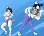  absurd_res anthro big_breasts black_hair blue_eyes blush blush_stickers bottomwear breasts canid canine canis clothed clothing domestic_dog ear_piercing female fur hair hi_res huge_breasts humanoid jeans looking_at_viewer maggie_applebee mammal nipples pants partially_clothed piercing realius shirt simple_background solo standing thick_thighs tongue tongue_out topwear white_body white_fur 