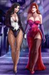  black_hair black_legwear breasts closed_eyes couple dc_comics flowerxl gloves jessica_rabbit large_breasts laughing leotard looking_to_the_side night nightgown red_hair road street thick_thighs thighs tuxedo_jacket tuxedo_shirt wand who_framed_roger_rabbit zatanna_zatara 