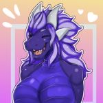  &lt;3 1:1 absurd_res anthro aurora_stellaris belly_scales big_breasts breasts dovecake dragon eyes_closed fangs female gradient_background hair happy hi_res horn humanoid long_hair multi_horn purple_body purple_hair purple_scales scales scalie simple_background smile snout solo teeth tongue 