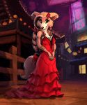  2020 absurd_res aerith_gainsborough anthro beastars breasts canid canine canis carrot_(artist) clothed clothing cosplay crossover crossover_cosplay dress female final_fantasy final_fantasy_vii fur hi_res juno_(beastars) mammal outside red_clothing red_dress solo square_enix standing video_games wolf 