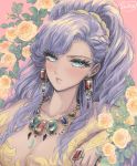  1girl blush braid closed_mouth dress earrings faris_scherwiz final_fantasy final_fantasy_v flower gem green_eyes jewelry leaf lips long_eyelashes long_hair necklace pink_background ponytail purple_hair ring solo takatora yellow_dress yellow_flower 