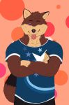  absurd_res anthro canid canine canis clothed clothing crossed_arms fully_clothed fur gloves_(marking) hi_res male mammal markings multicolored_body multicolored_fur muscular muscular_male shirt solo tongue tongue_out topwear treebarkdragon wolf 
