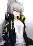  2017 aek-999_(girls_frontline) arms_at_sides black_jacket breasts bright_pupils character_name collarbone eyebrows_visible_through_hair eyes_visible_through_hair girls_frontline gradient gradient_background grey_background grey_hair hand_in_pocket headphones headphones_around_neck highres hood hood_down jacket long_hair looking_at_viewer looking_down messy_hair narynn neon_trim parted_lips ponytail raised_eyebrows shiny shiny_hair shirt sidelocks simple_background smile standing t-shirt two-tone_jacket upper_body white_background white_pupils white_shirt yellow_eyes 