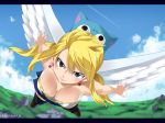  1girl absurdres angel_wings artist_name bare_shoulders blonde_hair blush breasts brown_eyes cat cleavage cloud day earrings eyebrows_visible_through_hair eyes_visible_through_hair fairy_tail flying full_body gaston18 hair_between_eyes happy_(fairy_tail) highres jewelry large_breasts looking_at_viewer lucy_heartfilia outdoors sky sleeveless solo thighhighs watermark wings 