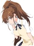  1girl apron blush bright_pupils brown_eyes brown_hair closed_mouth eyebrows_visible_through_hair hand_up ixy long_hair looking_at_viewer ponytail shirt short_sleeves simple_background solo taneshima_popura white_background white_pupils white_shirt working!! yellow_apron 