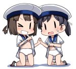  &gt;_o 2girls black_hair blush brown_hair daitou_(kantai_collection) dress dress_lift eyebrows_visible_through_hair fairy_(kantai_collection) hair_ribbon hat hiburi_(kantai_collection) kantai_collection kneeling lifted_by_self multiple_girls nassukun one_eye_closed open_mouth panties ponytail ribbon sailor_collar sailor_dress sailor_hat simple_background socks sweat underwear white_background white_dress white_headwear white_legwear white_panties 