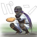  1girl a1 baseball_helmet baseball_jersey baseball_mitt baseball_uniform catcher chest_protector commentary_request helmet knee_pads long_hair love_live! love_live!_school_idol_project low_twintails purple_hair shin_guards simple_background solo sportswear squatting toujou_nozomi twintails white_background 