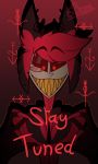  absurd_res alastor_(hazbin_hotel) anthro antlers bow_tie claws clothed clothing demon eyewear glowing glowing_eyes hair hazbin_hotel hi_res horn humanoid male monocle red_eyes red_hair sharp_claws sharp_teeth simple_background sixbone smile solo symbol teeth teeth_showing text 