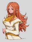  1girl breasts chronoa closed_mouth dragon_ball dragon_ball_heroes dragon_ball_xenoverse earrings grey_background jewelry kemachiku large_breasts long_hair long_sleeves looking_at_viewer orange_eyes orange_hair pink_skin pointy_ears potara_earrings short_hair simple_background smile solo 