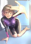  1girl all_fours barefoot blonde_hair bodysuit brown_eyes day diving_suit foreshortening highres indoors kilye_4421 looking_to_the_side original outstretched_arm skin_tight smile solo 