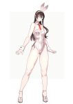  1girl alternate_costume animal_ears ass_visible_through_thighs bangs bare_arms bare_shoulders black_hair blush breasts bunny_ears bunny_girl bunny_tail bunnysuit closed_mouth collarbone commentary_request covered_navel detached_collar eyebrows_visible_through_hair fake_animal_ears full_body glasses green_eyes hairband high_heels highleg highres kantai_collection leotard long_hair looking_at_viewer necktie ooyodo_(kantai_collection) semi-rimless_eyewear simple_background small_breasts smile solo standing strapless strapless_leotard tail under-rim_eyewear white_leotard wrist_cuffs yuuji_(and) 