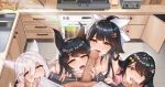  1boy 1girl absurdres animal_ears atago_(azur_lane) azur_lane black_hair black_pants blush bow bread breasts brown_eyes choukai_(azur_lane) cutting_board dress extra_ears eyebrows_visible_through_hair food hair_between_eyes hair_bow hair_flaps hair_ornament hairclip hetero highres holding indoors jianshu kitchen kitchen_knife large_breasts long_hair looking_at_viewer looking_up maya_(azur_lane) multiple_girls onion open_mouth oral oven pants penis penis_on_tongue pink_dress pink_shirt ponytail refrigerator ribbon sandwich shirt short_hair sitting sleeveless sleeveless_dress smile takao_(azur_lane) tongue tongue_out very_long_hair white_hair white_ribbon white_shirt 