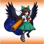  1girl arm_cannon bird_wings black_footwear black_frills black_wings blouse bow brown_hair cape collared_blouse control_rod eyebrows_visible_through_hair frilled_skirt frills green_bow green_skirt hair_bow long_hair lowres mismatched_footwear pixel_art red_eyes reiuji_utsuho short_sleeves skirt smile solo starry_sky_print third_eye touhou tsukimiya_toito v-shaped_eyebrows weapon white_blouse wings 