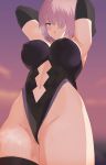  1girl armpits arms_behind_head arms_up bangs bare_shoulders black_gloves black_leotard blush breasts cleavage elbow_gloves fate/grand_order fate_(series) gloves gradient_sky hair_over_one_eye highleg highleg_leotard highres large_breasts lavender_hair leotard looking_at_viewer mash_kyrielight navel_cutout nohohon_pictures open_mouth purple_eyes purple_sky short_hair sky twilight 