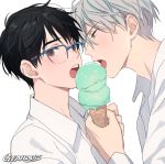  2boys black_hair blue-framed_eyewear blue_eyes blush brown_eyes close-up collared_shirt commentary dessert dress_shirt eyebrows_visible_through_hair face face-to-face food gearous glasses grey_hair half-closed_eyes holding holding_food ice_cream ice_cream_cone katsuki_yuuri leaning leaning_forward long_sleeves looking_at_another looking_at_viewer looking_to_the_side male_focus melting multiple_boys open_collar open_mouth profile semi-rimless_eyewear shaded_face sharing_food shiny shiny_hair shirt simple_background sleeves_past_wrists symbol_commentary teeth tongue upper_body upper_teeth viktor_nikiforov white_background white_shirt yaoi yuri!!!_on_ice 
