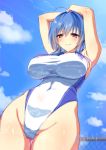  1girl ahoge armpits arms_up azur_lane bangs bare_arms bare_shoulders blue_hair blue_sky blush breasts closed_mouth cloud competition_swimsuit covered_navel cowboy_shot day eyebrows_visible_through_hair from_below groin hair_intakes hands_on_own_head highleg highleg_swimsuit highres impossible_clothes impossible_swimsuit large_breasts looking_at_viewer looking_down one-piece_swimsuit outdoors purple_eyes saezu_habaki short_hair_with_long_locks sidelocks skin_tight sky smile solo st._louis_(azur_lane) swimsuit thigh_gap twitter_username white_swimsuit 