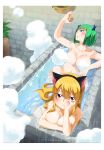  2girls animal_ears arm_up armpits artist_name bangs bath bathing blonde_hair blunt_bangs blunt_ends blush brandish_mu breasts brown_eyes cat_ears collarbone convenient_censoring eyebrows_visible_through_hair eyes_visible_through_hair fairy_tail fake_animal_ears flower_pot full_body gaston18 green_eyes green_hair hair_between_eyes highres holding large_breasts long_hair looking_at_viewer lucy_heartfilia multiple_girls nude partially_submerged plant short_hair sitting steam water watermark wet 