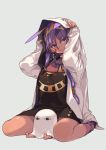 1girl amana_(pocketkey) animal_ears commentary_request facial_mark fate/grand_order fate_(series) grey_background highres hood jackal_ears medjed nitocris_(fate/grand_order) purple_eyes purple_hair sitting sleeves_past_wrists smile solo tan thighs wariza 