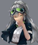  1girl 2018 absurdres aek-999_(girls_frontline) arm_at_side blue_jacket breasts cigarette covering_mouth eyebrows_visible_through_hair fingernails girls_frontline green-tinted_eyewear grey_background grey_hair gun hair_between_eyes hand_up highres holding holding_cigarette jacket layered_clothing long_hair looking_at_viewer miki06 nib_pen_(medium) nose painttool_sai_(medium) shirt shirt_tucked_in simple_background sleeve_cuffs sleeves_rolled_up smile smoke smoking solo traditional_media upper_body v-shaped_eyebrows weapon white_shirt yellow_eyes 