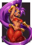  absurdres arabian_clothes arm_up armpits bandeau belmate blue_eyes bracer breasts choker clip_studio_paint_(medium) covered_nipples earrings hair_ornament harem_pants high_ponytail highres hoop_earrings jewelry long_hair looking_at_viewer medium_breasts navel open_mouth outstretched_arm pants purple_hair ribs shantae_(character) shantae_(series) smile stomach sweat tan tiara toned underboob upper_teeth very_long_hair 