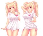  1girl :d absurdres animal_ear_fluff animal_ears ass_visible_through_thighs bangs blonde_hair blush breasts cat_ears collarbone covered_nipples eyebrows_visible_through_hair fang fast-runner-2024 hair_between_eyes highres huge_filesize large_breasts long_hair looking_at_viewer multiple_views no_pants open_mouth original paid_reward pajamas_challenge panties patreon_reward pink_panties red_eyes shirt side-tie_panties simple_background slit_pupils smile t-shirt tiffy_(fast-runner-2024) tight_shirt twintails underwear white_background 