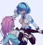  2girls blood blood_on_face bloody_clothes blue_eyes blue_hair kkmrasas leg_grab multiple_girls nukigee_mitai_na_shima_ni_sunderu_watashi_wa_dou_surya_ii_desu_ka? onabuta_ikuko pink_hair short_hair skirt 