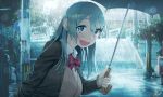  1girl :d blew_andwhite blouse blush brown_cardigan brown_sweater cardigan eyebrows_visible_through_hair green_eyes green_hair hair_between_eyes highres holding holding_umbrella kantai_collection long_hair long_sleeves neck_ribbon open_mouth rain red_ribbon remodel_(kantai_collection) ribbon sign smile solo suzuya_(kantai_collection) sweater translation_request umbrella upper_body white_blouse 