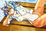  absurd_res anthro blue_hair breasts clothing colored_nails female fin fish hair hi_res kamri2032 looking_at_viewer marine mouth_closed nails nipples orange_body orange_eyes shark shirt solo topwear water wet wet_clothing white_nails 